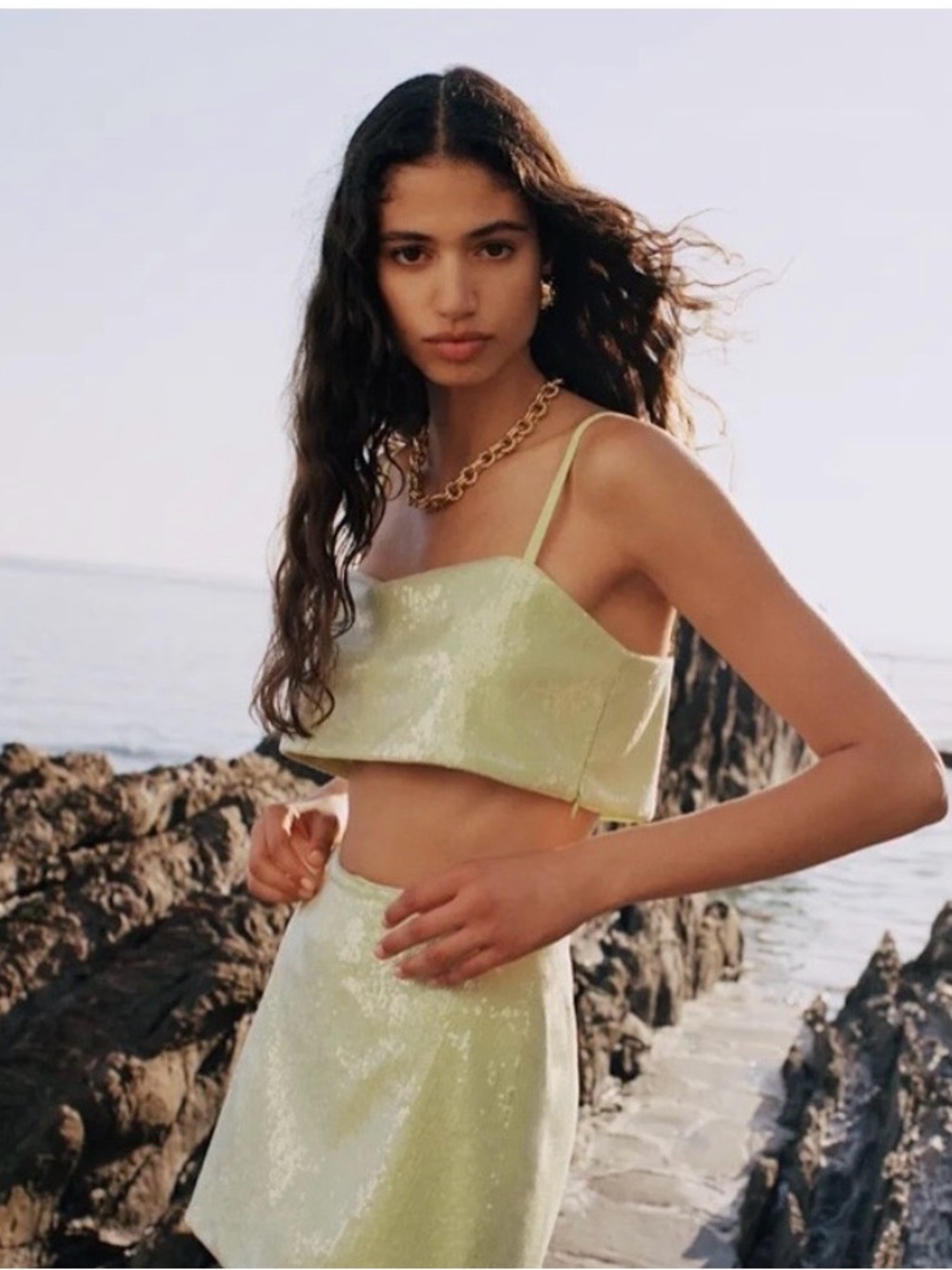 Reformation Dream Lime Green Metallic Crop Top